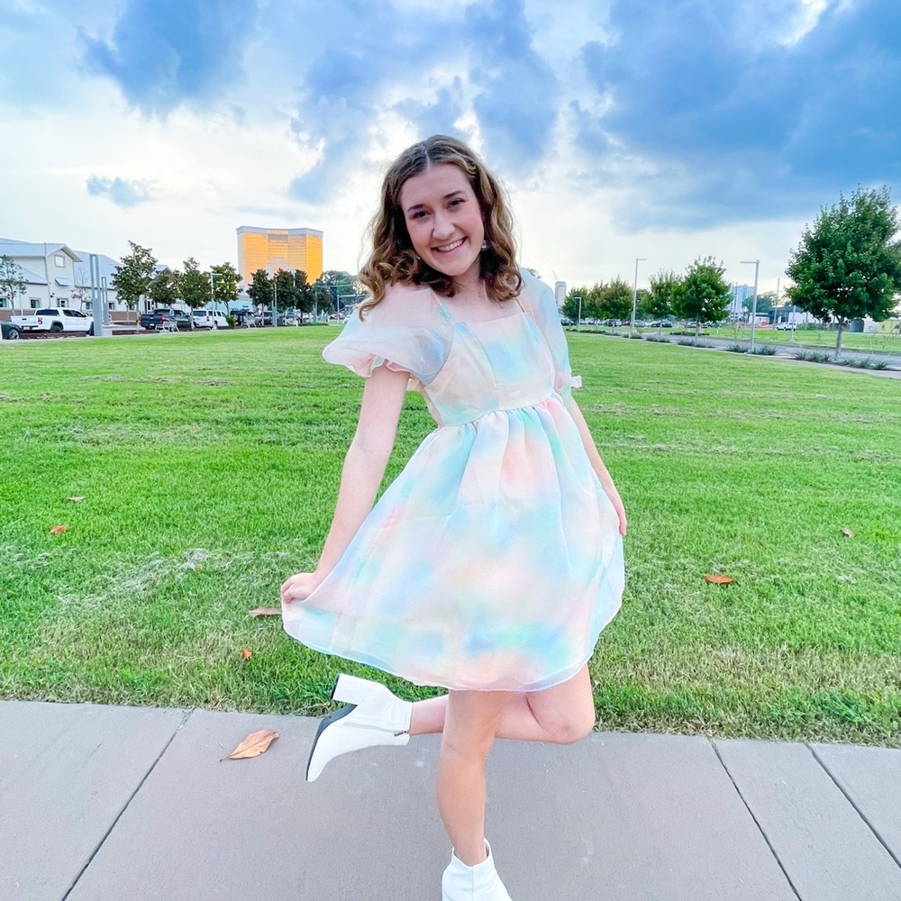 Endless Rose Pastel Tie-Dye Puff Sleeve Mini Dress